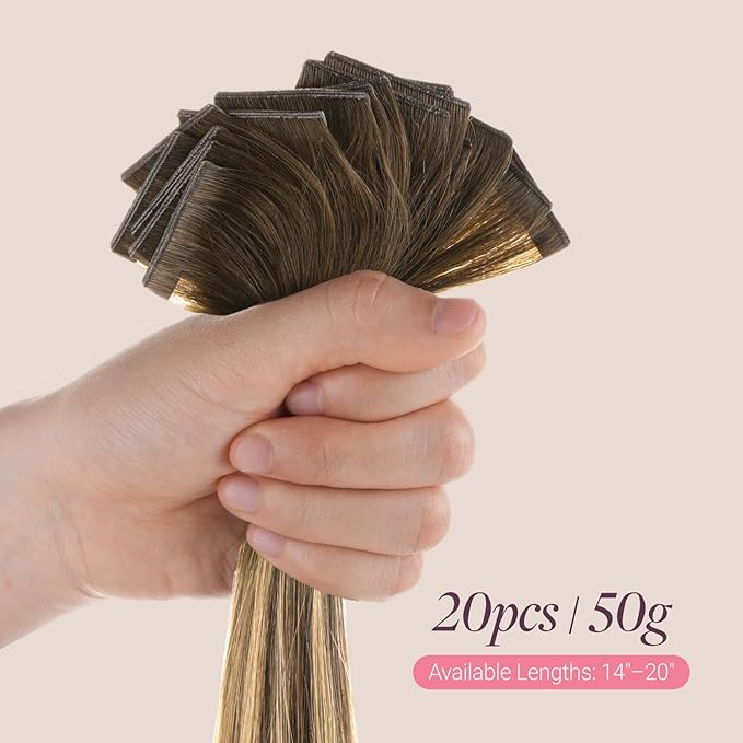 GOO GOO Genius Tape in Hair Extensions, Hand Tied Tape Weft, 4/27/4 Balayage Chocolate Brown to Caramel Blonde, 16inch 50g 20pcs, Remy Human Hair, Seamless Invisible Tape, Natural Blend, Lightweight