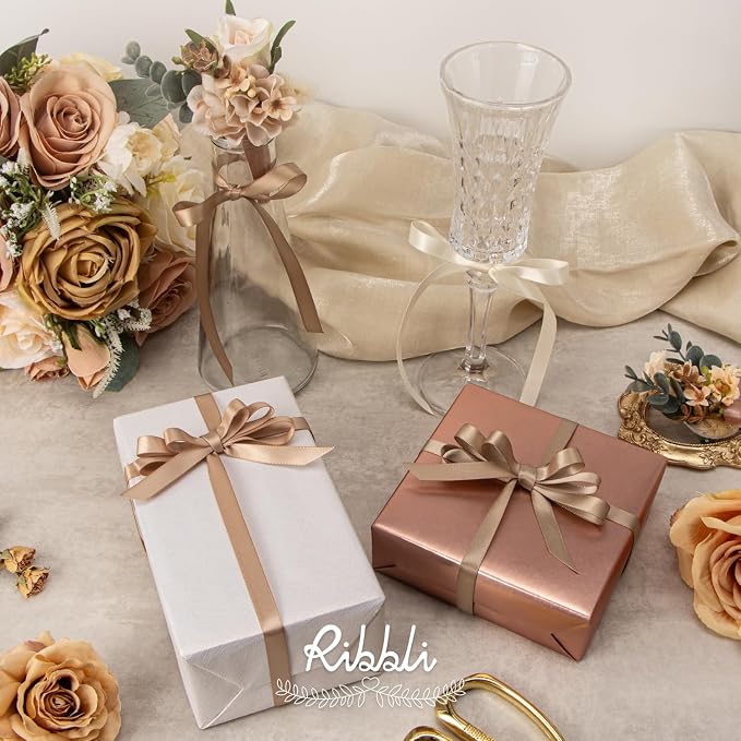 Ribbli Champagne Satin Ribbon 3/8 Inch x 4 Rolls Total 40 Yards-Ivory Champagne - Image 2