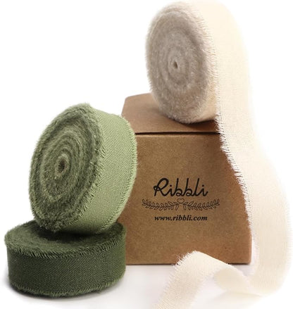 Ribbli 3 Rolls Green Ribbon 5/8 Inch x 18Yards Ivory Sage Moss Handmade Cotton by Ribbli