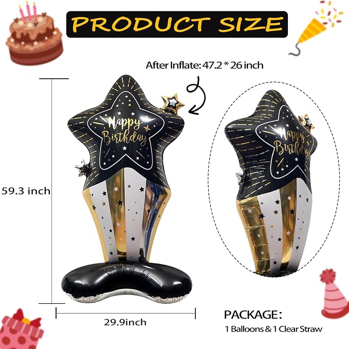 59" Black & Gold Standing Star Happy Birthday Foil Balloon | giant black gold - Image 2
