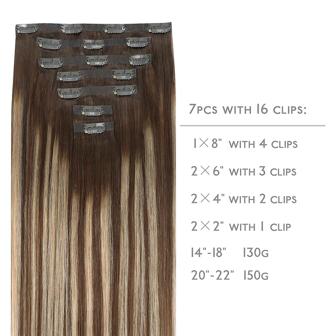 WENNALIFE Seamless Clip In Hair Extensions, 20 Inch 7pcs 150g Balayage Chocolate Brown to Honey Blonde Hair Extensions Clip In Invisible PU Skin Weft Real Human Hair Extensions Clip In
