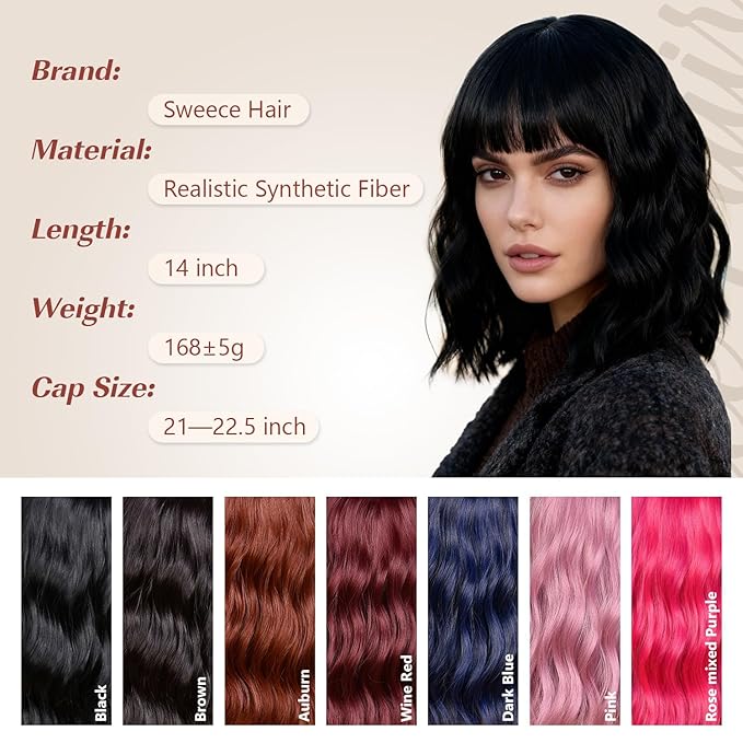 Black Bob Wig With Bangs Wave Wigs for Women 14 Inch Short Loose Wavy Heat Resistant Synthetic Wig Shoulder Length Natural Color Hair for Daily and Party Use