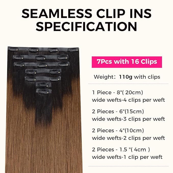 Lashey Seamless Clip in Hair Extensions Human Hair 110g 7pcs Light Yaki Straight 18 Inch Ombre Natural Black to Medium Auburn Real Human Hair