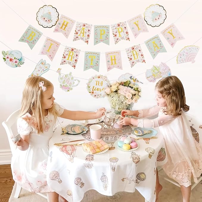 SUNBEAUTY Floral Tea Party Birthday Decorations Tea Happy Birthday Banner - Image 7