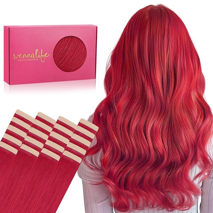 WENNALIFE Tape in Hair Extensions Human Hair, 20pcs 50g 16 inch Red Remy Hair Extensions for Women Tape Ins Straight Extensiones De Cabello Humano Skin Weft