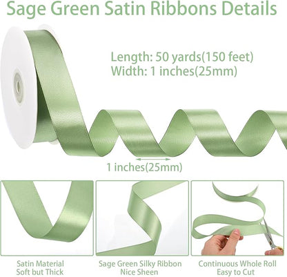 woric Sage Green Satin Ribbon 1 Inch x 50 Yards Light Green Ribbon - Image 2