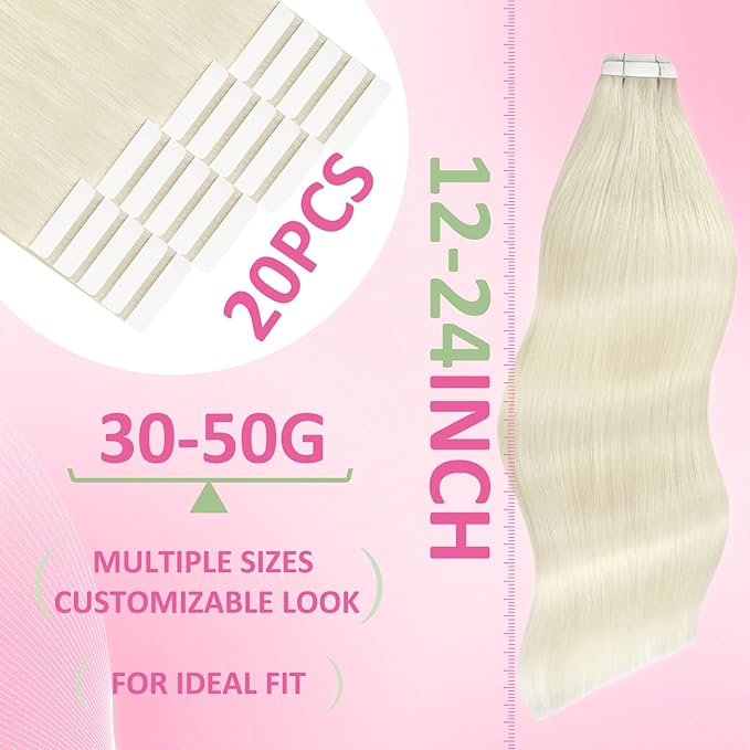 YoungSee Tape in Extensions Human Hair Platinum Blonde Tape in Hair Extensions Human Hair Tape in Extensions Real Human Hair Platinum Blonde 12Inch 30g Glue in Hair Extension for Women 20pcs