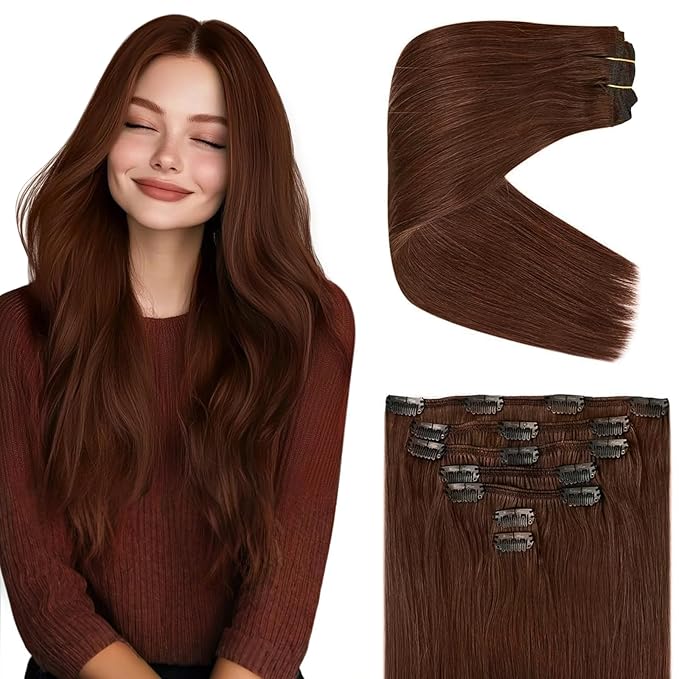 Ve Sunny Clip in Hair Extensions Real Human Hair Dark Auburn Red Remy Human Hair Clip in Extensions Full Head Straight Real Hair Extensions For Women 7pcs 120g 18 inch