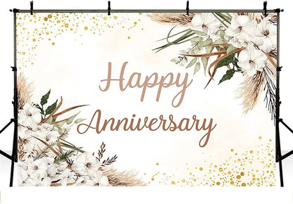MEHOFOND Boho Happy Anniversary Backdrop White Floral Bohemia Pampas Grass - Image 3