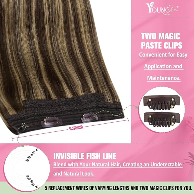 YoungSee Invisible Wire Hair Extensions Brown Highlights Human Hair Wire Extensions Dark Brown Highlight Caramel Blonde Headband Hair Extensions for Women 16inch 80g