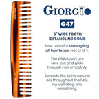 Giorgio G47 Large 6 Inch Detangling Comb, Wide Teeth for Thick Curly Wavy Hair. Long Hair Detangler Comb For Wet and Dry. Handmade of Quality Cellulose, Saw-Cut, Hand Polished, Tortoise Shell