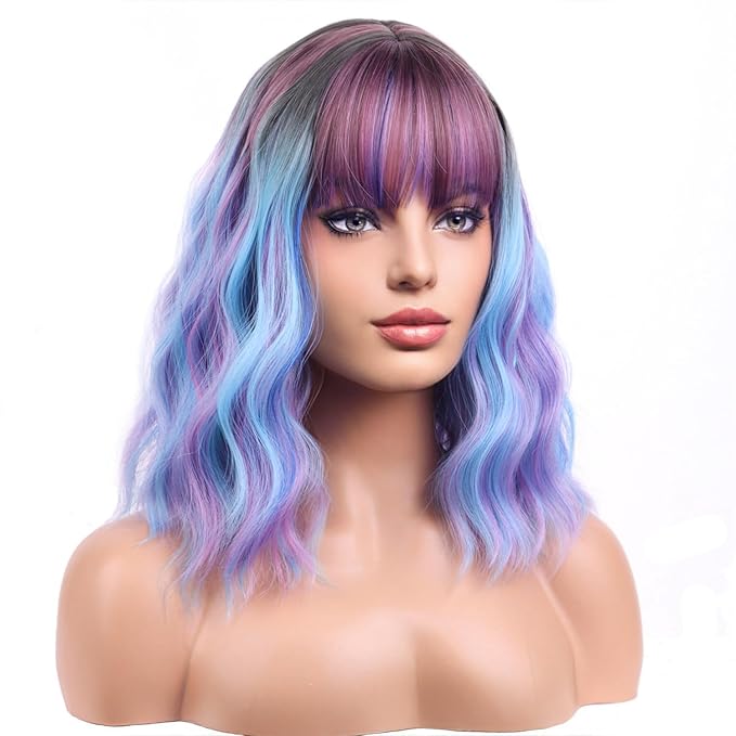 BERON 14 Inches Colorful Wigs with Bangs Short Colorful Bob Wigs for Women Loose Wavy Wig for Women Girls