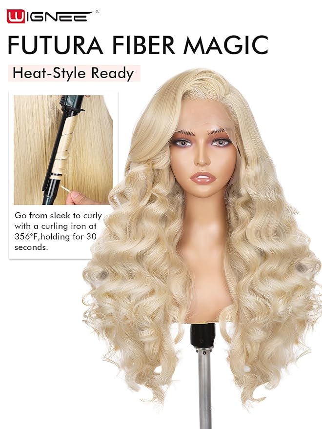 WIGNEE 13x6 Synthetic Lace Front Wig 28" Blonde Wig Pre-Plucked Handmade Lace Front Wigs with Kanekalon Futura Hair Voluminous Long Straight Synthetic Wigs for Daily Party Use