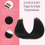 GOO GOO Tape in Hair Extensions Human Hair, 1B Natural black, 26inch 60g 20pcs, Skin Weft Seamless Invisible, Silky Straight with Thick Ends, Remy Human Hair