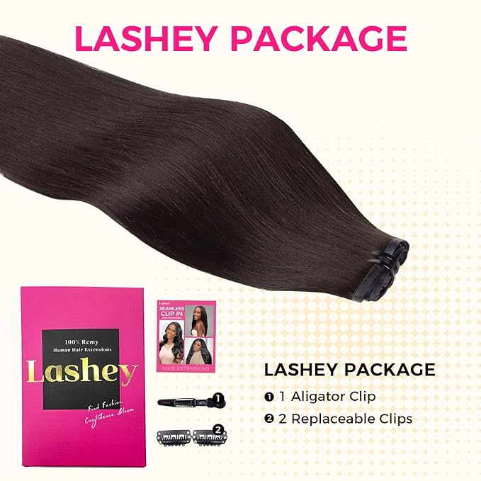 Lashey Seamless Clip in Hair Extensions Human Hair 130g 9pcs #2 Dark Brown Light Yaki Straight 14 Inch Clip in Hair Extensions Full Pack with Soft PU Invisi Edge
