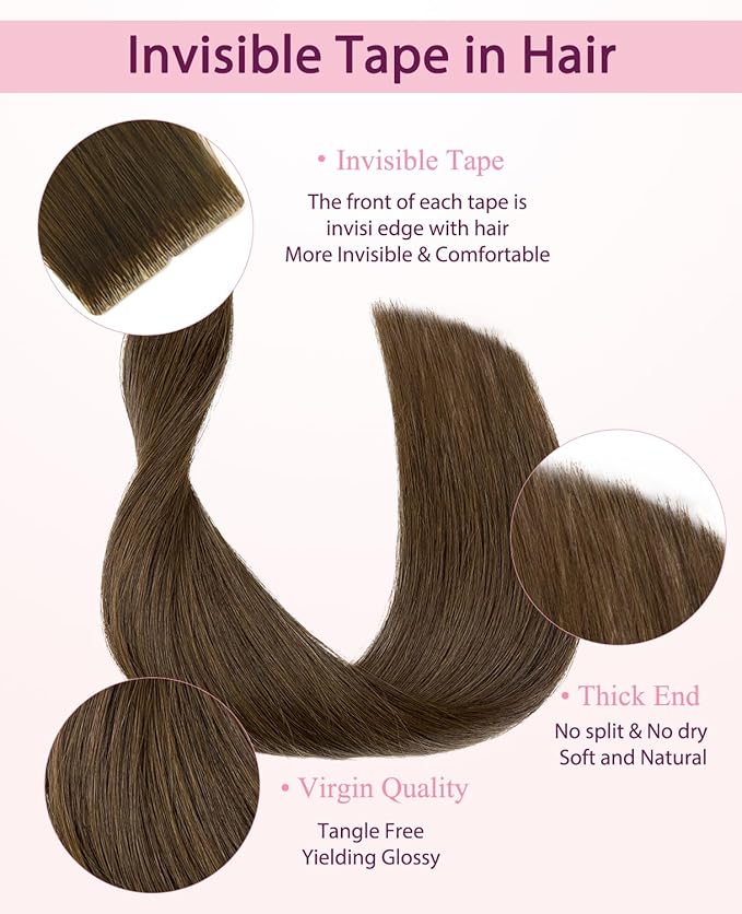 Pinkpearl Invisible Tape in Hair Extensions Human Hair, 20pcs 16inch 45g #4 Chocolate Brown Injection Tape in Extensions Real Remy Straight Seamless Silky Human Hair Injected