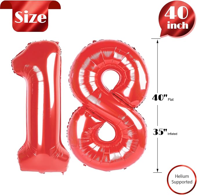 Red 18 Balloon - Number Balloon 40 Inch, 18th Red Birthday Decorations | Large - Image 5