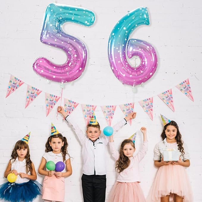 Number 6 Foil Balloon with Crown, 40-Inch Gradient | Gradient star print number - Image 2