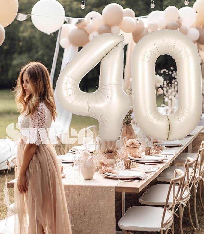 SUWEN 40 Inch Large Cream White 40 Balloon Numbers Big Foil Helium Number - Image 3
