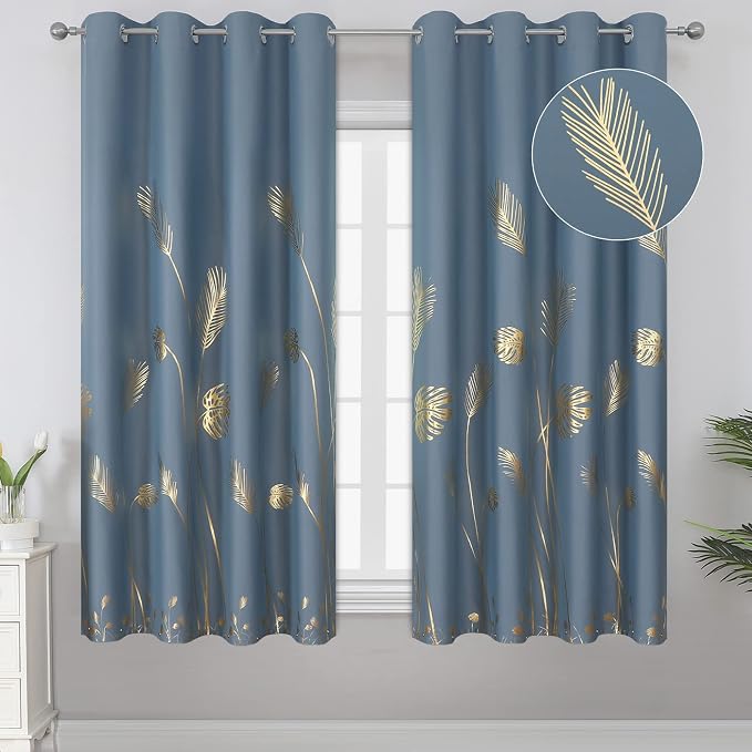 Stone Blue Blackout Curtains for Bedroom, Room Darkening Gold Palm Tree Pattern by ESTELARTEXTILER