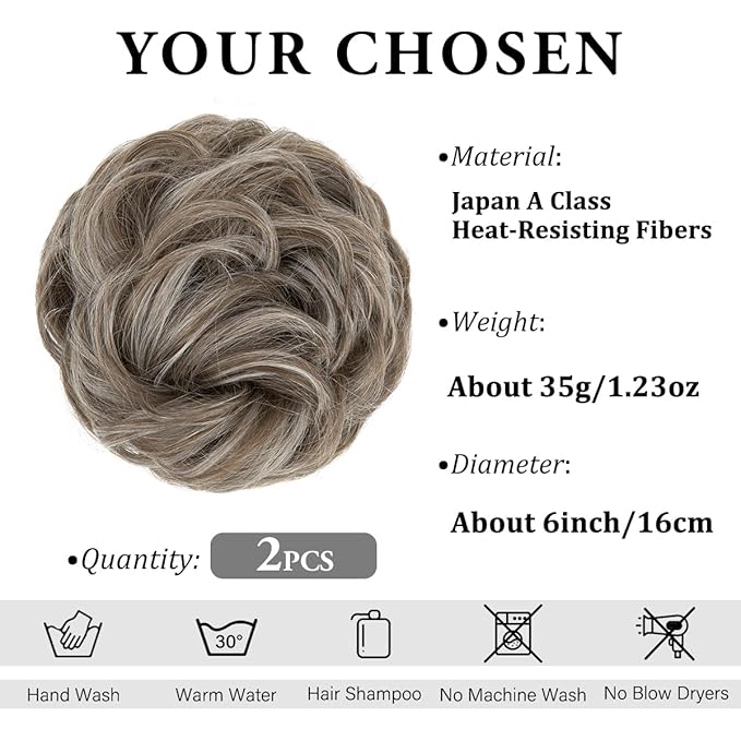 SARLA 2PCS Messy Hair Bun Hair Pieces Wavy Curly Synthetic Updo Fake Scrunchies Ponytail Extension for Women Middle Grey