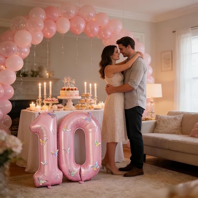 40 Inch Number Balloon Pink Large Mylar Foil Pink Number Balloons and Butterfly - Image 3