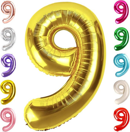 9 Balloon Numbers Birthday Decorations, 40In Gold Balloons by Mluchee