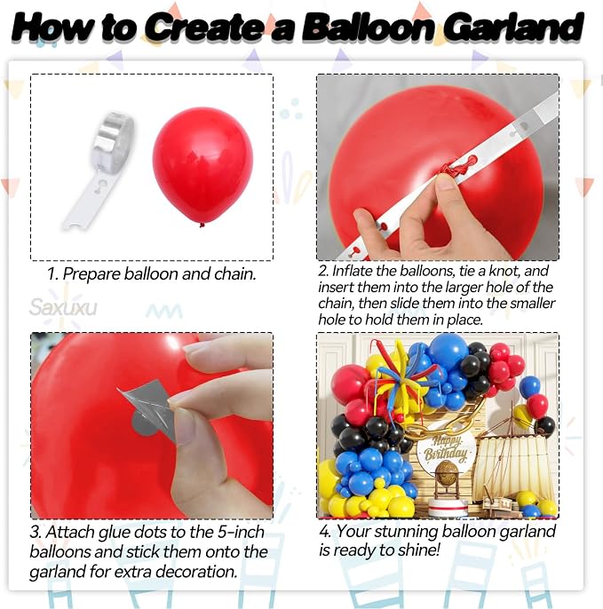Blue Red Yellow Black Balloon Arch Kit, Long Balloons - Image 3