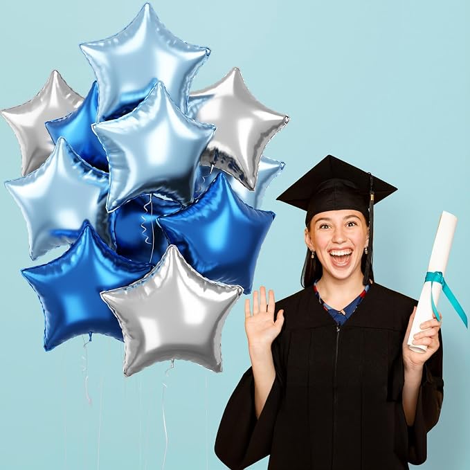 Blue Star Foil Balloons, 18 Inch Royal Blue Silver Stars Shape Foil Helium - Image 4