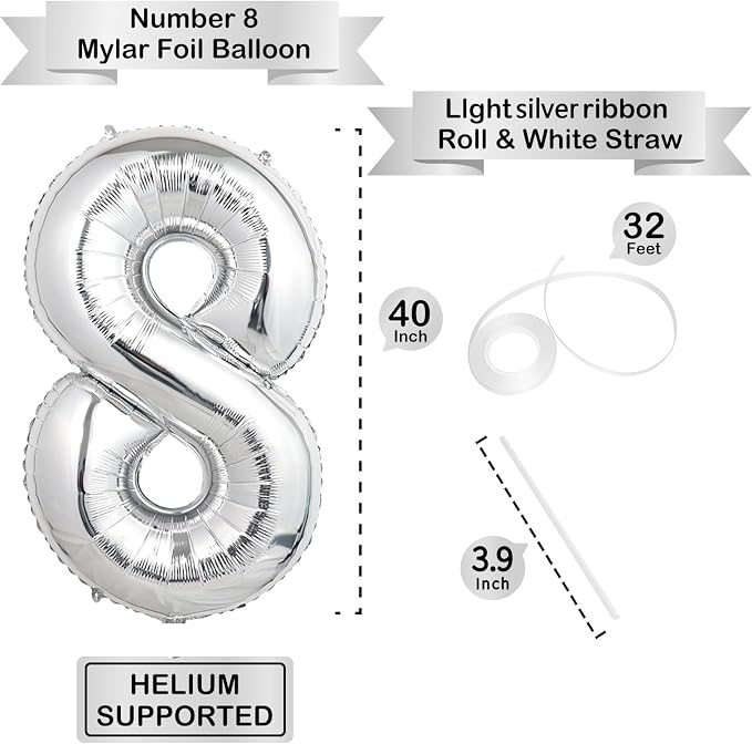 40 Inch Silver Number Balloons, Helium Mylar Foil Number Balloons - Image 3