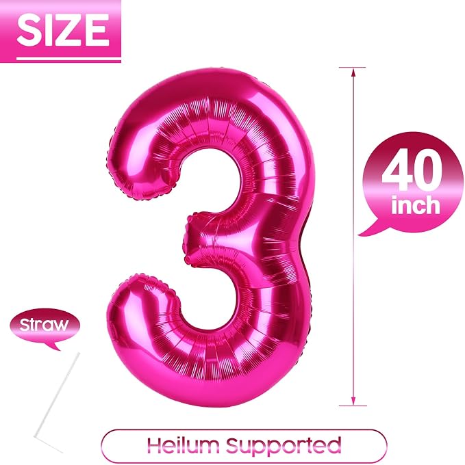 3 Balloon - Hot Pink Birthday Number Balloons, 40 Inch Party Decorations | Hot - Image 5