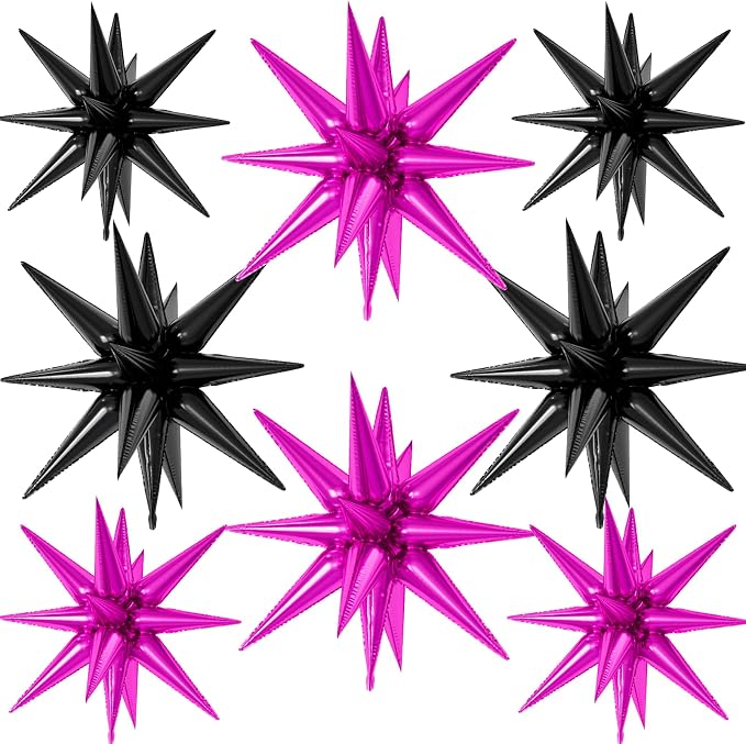 22/27 Inch Black Hot Pink Star Balloons, Cone Spike Balloon, Aluminum Foil by Paready