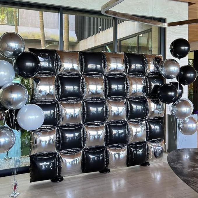 Black and Silver Double Sided Square Foil Balloons Wall, 19 Inches Chrome - Image 2