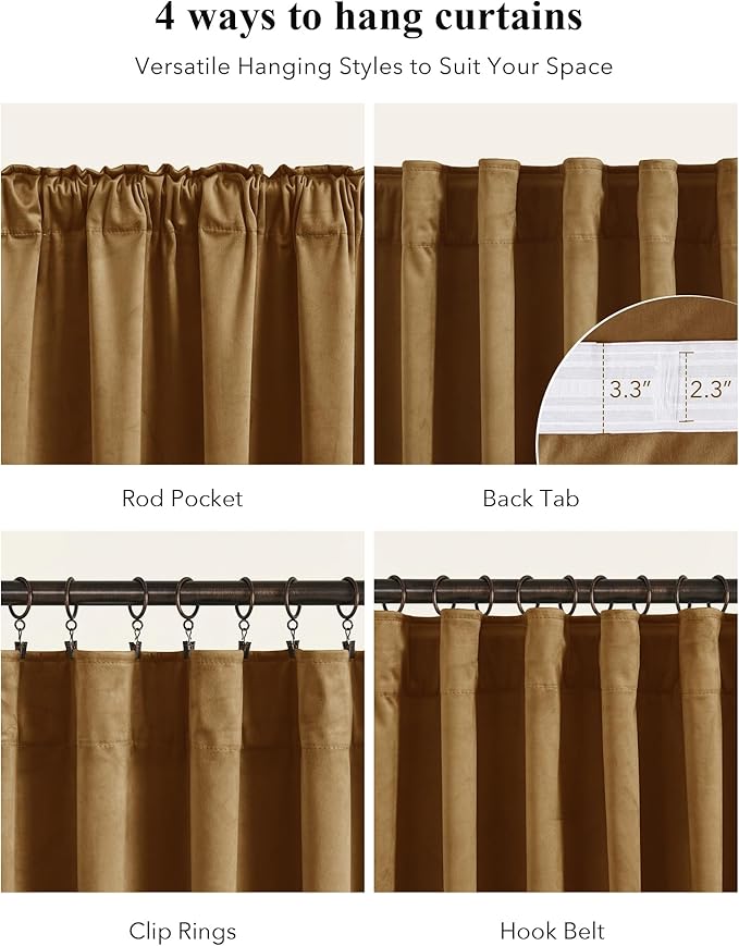 Gold Brown Velvet Curtains for Living Room Boho, W42 x L84, 2 Panels | 300GSM - Image 2