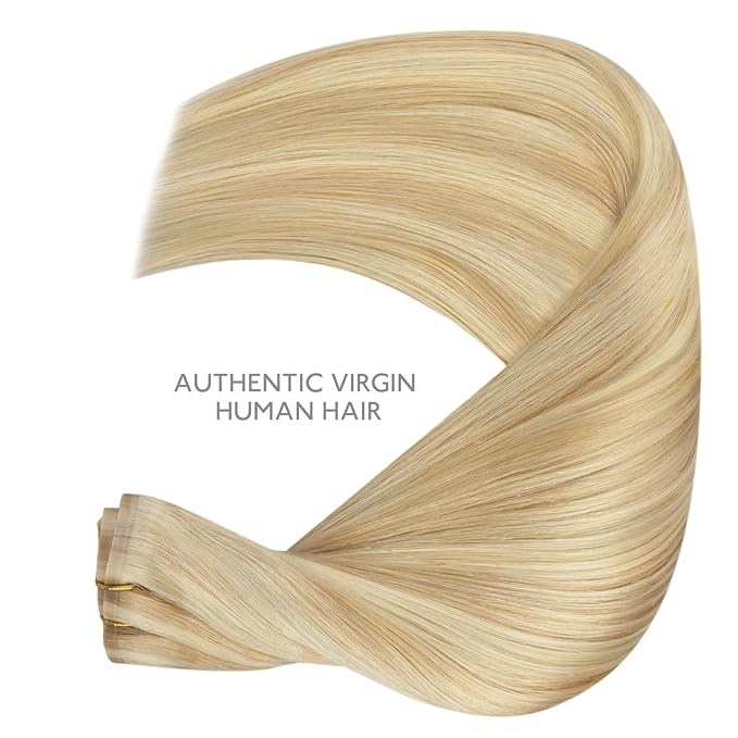 WENNALIFE Seamless Clip In Hair Extensions, 18 Inch 7pcs 130g Light Blonde Highlighted Golden Blonde Hair Extensions Clip In Real Human Hair Extensions Invisible PU Weft Human