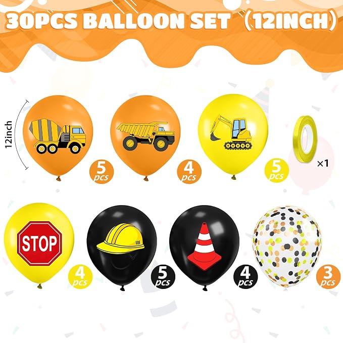 Construction Balloons, 12 Inch Black Yellow Orange Confetti Truck Construction - Image 2