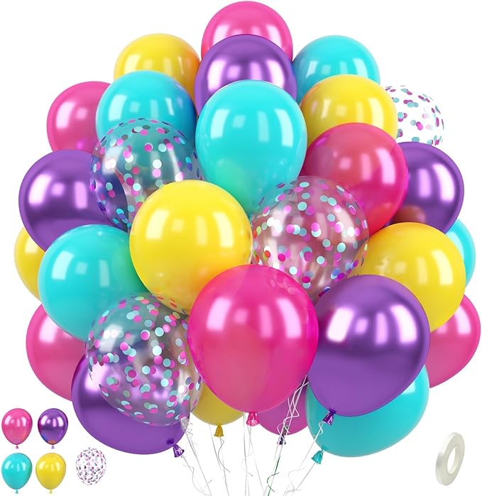 Paready Pink Blue Purple Balloons, 12 Inch Hot Pink Teal Blue Metallic Purple by Paready