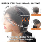 Hidden Strap Invisi Strap Straight 360 Glueless Wigs Human Hair Pre Plucked Pre Bleached Brazilian Virgin Wig With Drawstring 250 Density HD Full Lace Front Wigs Human Hair 16Inch