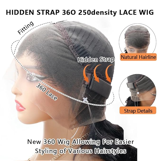 Hidden Strap Invisi Strap Straight 360 Glueless Wigs Human Hair Pre Plucked Pre Bleached Brazilian Virgin Wig With Drawstring 250 Density HD Full Lace Front Wigs Human Hair 18 Inch
