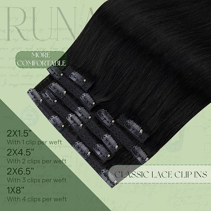 RUNATURE Black Clip in Hair Extensions Real Human Hair, Long Hair Extensions Clip Ins, Double Weft Human Hair Clip in Extensions, Remy Natural Hair, Add Hair Length, 20 Inch 120g 7pcs #1B Off Black