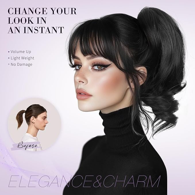 12 Inch Short Ponytail Extension - Clip in Ponytail Hair Extensions, Curly Wavy Pony Tails Hair Extensions, Synthetic Claw Clip Ponytail Extension for Women (Color: Copper Brown)