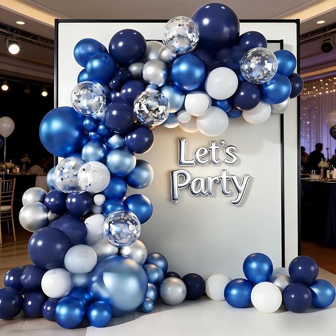 Blue White Silver Balloon Garland Arch Kit, 143 Pieces Navy Light Metallic Blue - Image 4