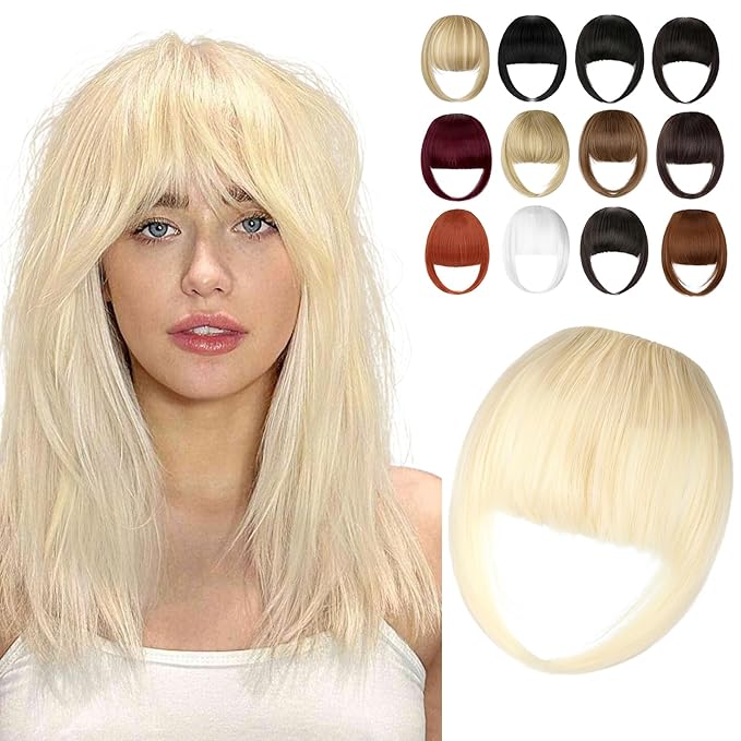 Clip in Bangs, Synthetic French Bangs Hair Clip, Fake Bangs Fringe with Temples Hairpieces for Women Natural Curved Hair Extensions for Daily Wear Bleach Blonde
