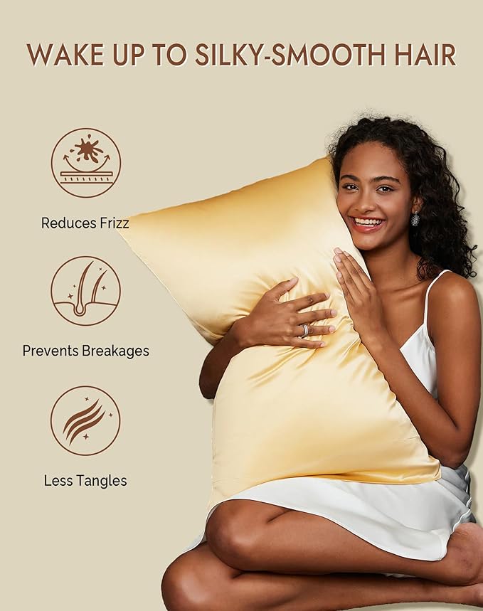 SilkSilky 100% Mulberry Silk Pillowcase - Pure 22 Momme High-Grade 6A Fibers for Hair & Skin, Envelope Closure, Natural, Organic, Breathable & Cooling Pillow Case (Standard, Champagne)