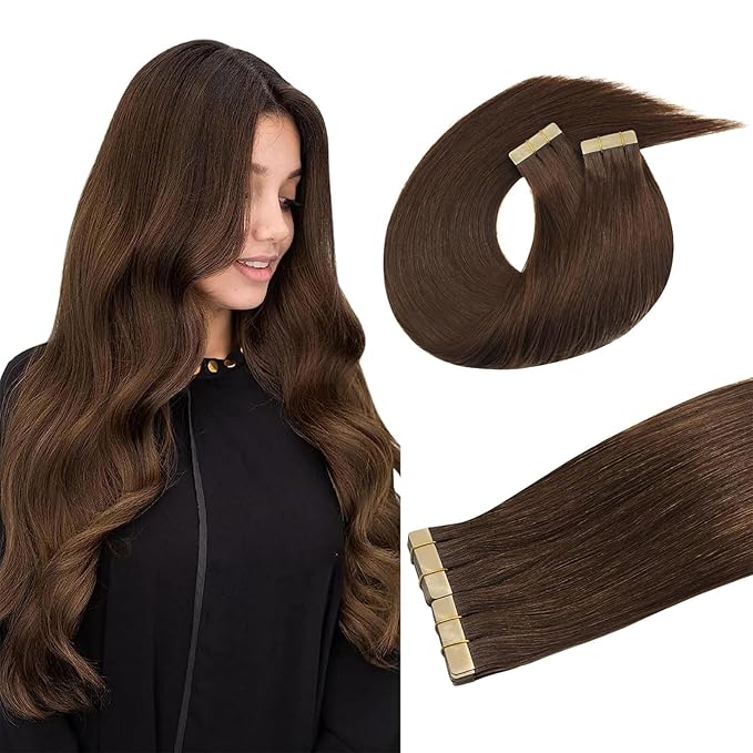 DOORES Tape in Human Hair Extensions, 16 Inch 100g 40pcs Chocolate Brown, Real Hair Extensions Tape in Human Hair Extensions Seamless Skin Weft Seamless