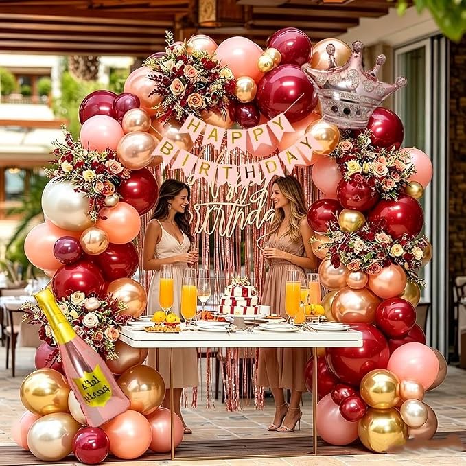 Burgundy Pink Balloon Arch Double Stuffed Dark Red Pink Gold Pearl Balloons - Image 8