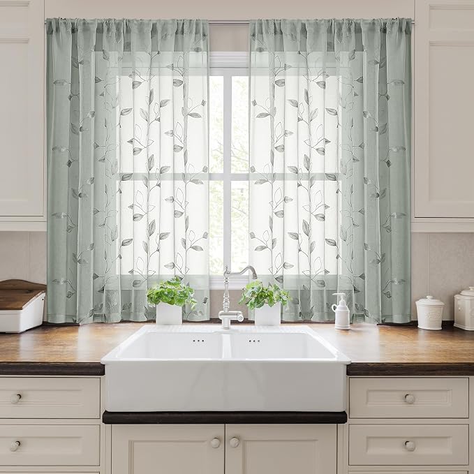 HOMEIDEAS Sage Green Sheer Kitchen Curtains 52 x 45 Inch Length 2 Panels - Image 3
