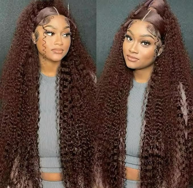 28 Inch Chocolate Brown Deep Wave Lace Front Wigs Human Hair Pre Plucked 200% Density 13x6 HD Lace Frontal Wigs with Baby Hair Deep Curly Wet and Wavy Glueless Wigs for Women (4# Brown, 28 Inch)