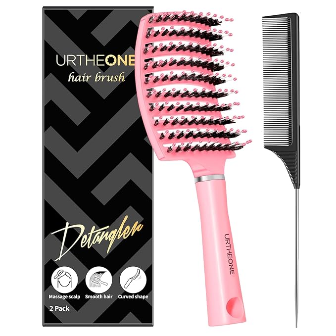 URTHEONE Hair Brush,Detangling Hairbrush Boar Bristle Hair Brushes for Women Men Kids Curly Thick Long Short Wet or Dry Hair, Curved Vented Detangler Brush for Faster Blow Drying (Pink)