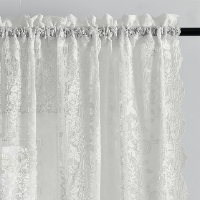 FINECITY Ivory Lace Curtains 45 Inch Length, Vintage Sheer Curtains Short - Image 2